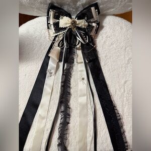 NEW Oversized Lace Ribbon Hair Bow: Handmade Black Ivory & Pearl Clip 16” X 8”